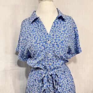 ELINGS Blue Floral Prairie A-Line Buttoned Dress Medium Split Hem‎ Cottagecore